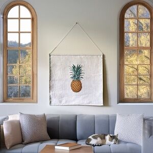 🍍 Handmade Pineapple Canvas Tapestry Tan Canvas, White & Gold Thread - USA Made
